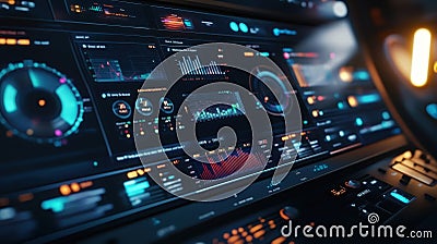 A futuristic dashboard display filled with holographic data points and performance metrics visualizing the dynamic Stock Photo