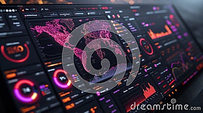 A futuristic dashboard with realtime data and analytics displaying key risk indicators and their trends. The dashboard Stock Photo
