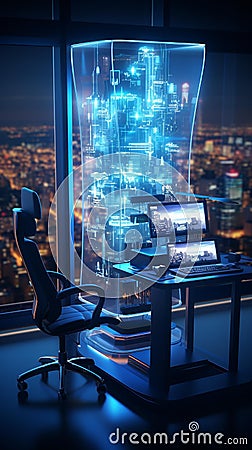 Futuristic Data Breach Prevention System: Sleek Silver Tower in Dimly Lit Control Room Cartoon Illustration