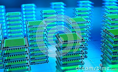 Futuristic Data center. Big Data analytics platform. Quantum processor in the global computer network Cartoon Illustration