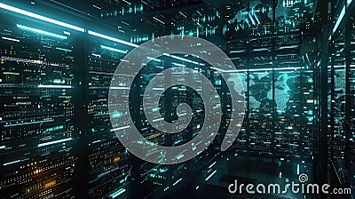 Futuristic data center bustling with server rows and data visualization projections on walls. Big data visualization Stock Photo