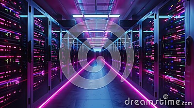 Futuristic data center, computer servers in dark room with neon light, inside modern datacenter with supercomputer. Concept of Stock Photo