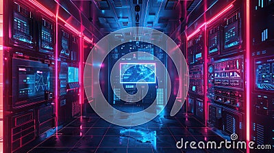 Futuristic data center, computer servers in dark room with neon light, inside modern datacenter with supercomputer. Concept of Stock Photo
