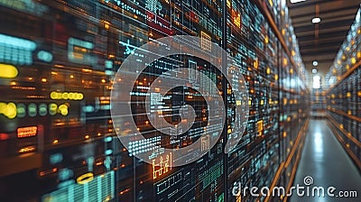 Futuristic data center with illuminated server racks and intricate data visualization Stock Photo