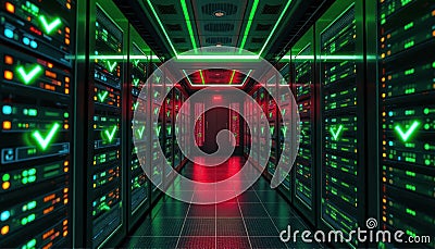 Futuristic data center. Illuminated servers display green checkmarks signifying successful operations. Network infrastructure Stock Photo
