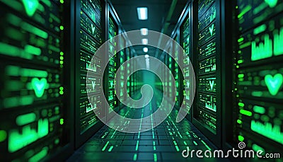 Futuristic data center with illuminated servers, green checkmarks, graphs. Successful server operations, validations. Digital Stock Photo
