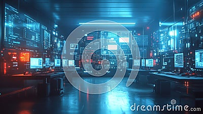 Futuristic Data Center, A modern data center filled with digital devices and data streams, showcasing advanced technology and Stock Photo