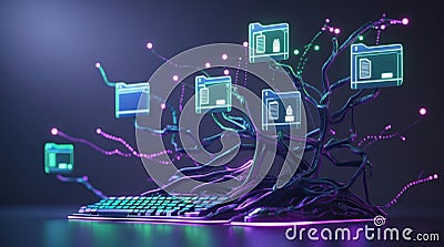 Futuristic Data Tree with Keyboard: Digital Network and Storage Visualization Stock Photo