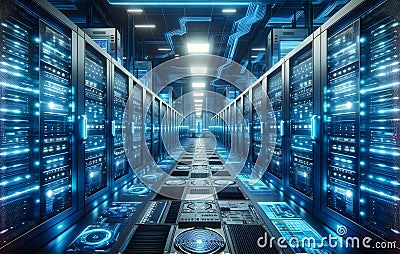 Futuristic Datacenter with Advanced Servers and Neon Lights. Created with generative AI Stock Photo