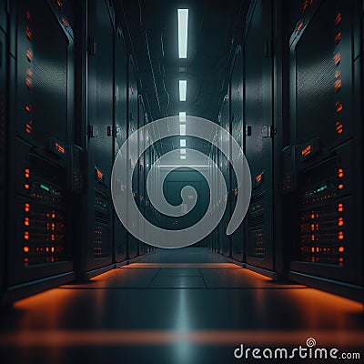 Futuristic Datacenter Hub: The Nexus of Tomorrow - The Evolution of Data Storage, Processing, and Security Stock Photo