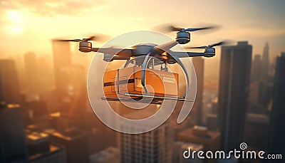 Futuristic delivery drone, delivering a package in an urban environment. Concept of internet shopping Stock Photo
