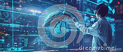 A futuristic depiction of a software engineer debugging a giant virtual bug inside a holographic computer interface Stock Photo