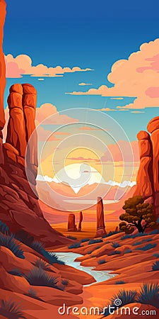 Futuristic Desert Landscape With Vibrant Colors And Romantic Vistas Cartoon Illustration