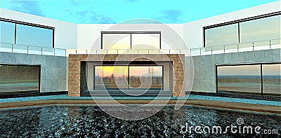 Futuristic design of an advanced custom-shaped house. The dark sky is reflected in the pool. 3d render. Stock Photo