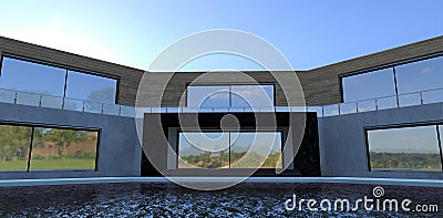 Futuristic design of the courtyard of a bizarrely shaped private country house with a swimming pool. The facade is lined with Stock Photo