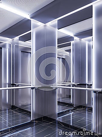 Futuristic design of an elevator cabin with mirrors with neon illumination and metal panels. Modern elevator design. Reflection to Stock Photo