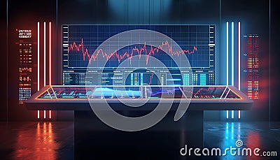 Futuristic desk with glowing devices displaying stock charts and data, ideal for technology, finance, or innovation projects Stock Photo