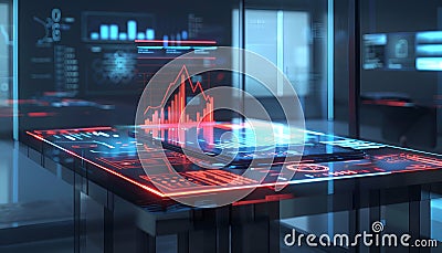 Futuristic desk with glowing devices displaying stock charts and data, ideal for technology, finance, or innovation projects Stock Photo