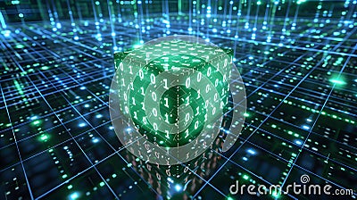 Binary Code Cube in Futuristic Digital Matrix Stock Photo