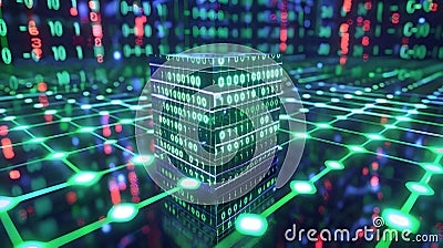 Binary Code Cube in Futuristic Digital Matrix Stock Photo