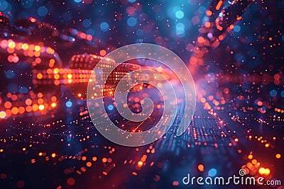 Futuristic digital blockchain concept with glowing, interconnected blocks of binary code and vibrant light trails Stock Photo