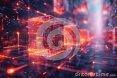 Futuristic digital blockchain concept with glowing, interconnected blocks of binary code and vibrant light trails Stock Photo