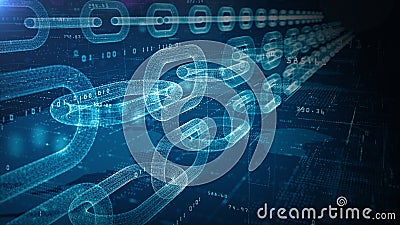 Futuristic digital blockchain concept with interconnected data chains on blue tech background, representing data security and Stock Photo