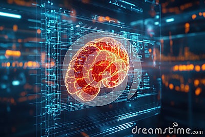 Futuristic digital brain interface in virtual data environment with complex neural network visualization, ai concept Stock Photo