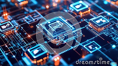 Futuristic digital circuit board with glowing microchips and icons representing technology, communication, and data processing Stock Photo