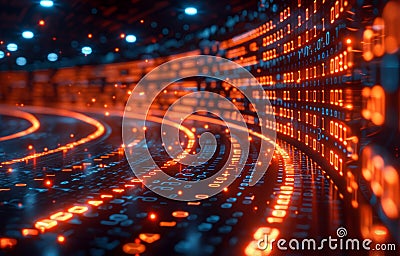 Futuristic Digital Data Stream with Glowing Binary Code in a HighTech Virtual Environment Stock Photo
