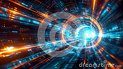 Futuristic digital data tunnel with bright light effect. Abstract cyber technology concept. Vibrant colorful travel Stock Photo