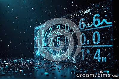 Futuristic digital display with floating numerical data and graph in rain effect Stock Photo