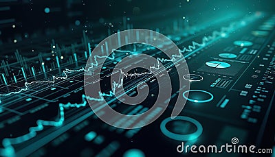 Futuristic digital display shows data science analysis. Generative AI system displays dynamic graphs, charts. Complex financial Stock Photo
