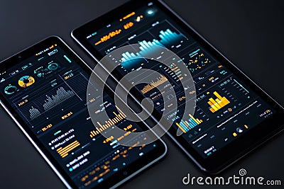 Futuristic digital graphs and data metrics are showcased on a smartphone and tablet, emphasizing advanced analysis. The Stock Photo