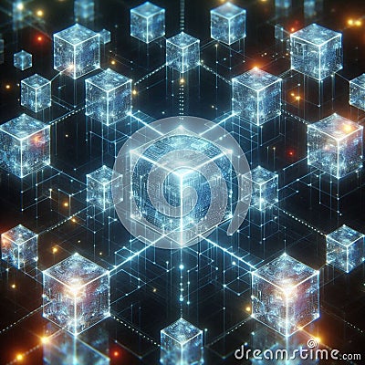 Futuristic Digital Grid with Blockchain Technology - Glowing Data Transfer Animation Cartoon Illustration