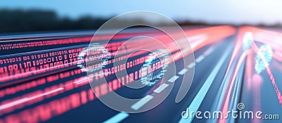Futuristic digital highway with binary code and glowing lights, symbolizing technology and speed. vibrant representation of Stock Photo