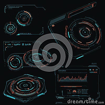 Futuristic digital interface with circular and rectangular designs displaying data Stock Photo