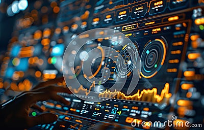 Futuristic Digital Interface with Data Visualizations and Analytics in a HighTech Environment Stock Photo