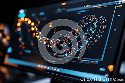 Futuristic digital interface displaying DNA helix structure, representing advanced technology and bioinformatics in scientific Stock Photo