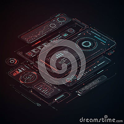 Futuristic digital interface featuring a complex array of holographic panels. Displays Stock Photo