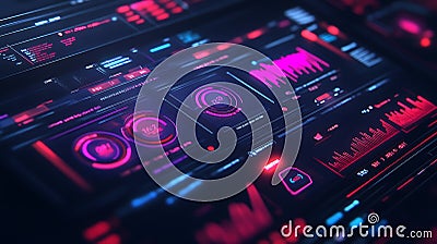 Futuristic Digital Interface Showing Data Metrics and Graphs Stock Photo