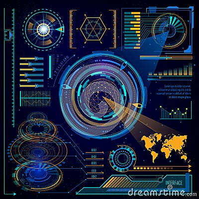 Futuristic digital interface touchscreen computer dashboard control elemets vector design template Vector Illustration