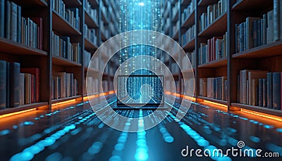 Futuristic digital library with books, laptop. Binary code flows across bookshelves, data visualization, AI-powered information Stock Photo