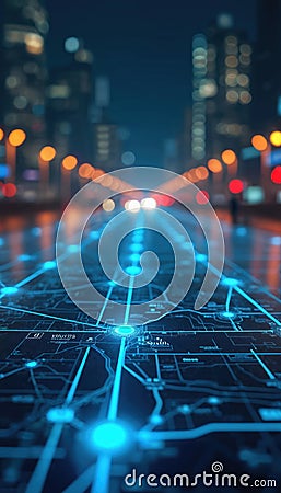 Futuristic digital map displays tech integration in gps, delivery services. Advanced AI systems optimize routes for effortless Stock Photo
