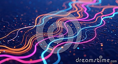 Futuristic digital network with neon glowing data streams and circuits Stock Photo