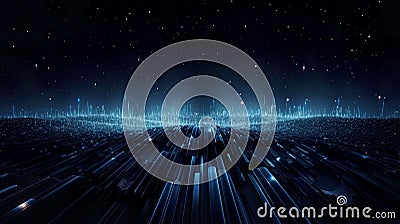 futuristic digital realm with an abstract tech wavy dark background. Stock Photo