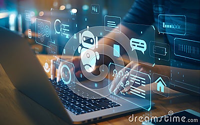 Person Using Laptop with Futuristic Digital Robot Interface Technology Modern Smart Home Automation data user future Stock Photo