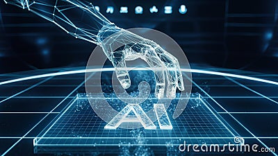 A futuristic or digital setting where a wireframe hand, made up of interconnected lines and dots, is poised to touch or interact Stock Photo