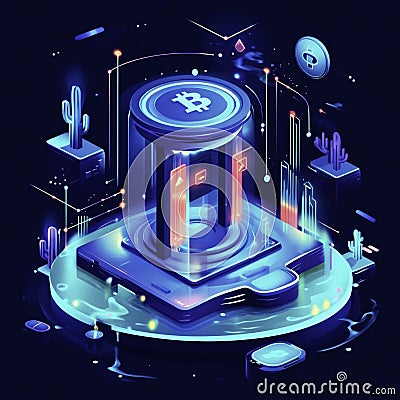 Futuristic digital architecture showing Bitcoin's security with a Generative AI blockchain network Illustration Stock Photo