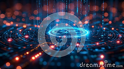 Futuristic Digital Tech Interface with Circular Patterns and Light Streams Stock Photo